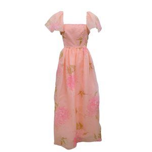 Richilene Pink Vintage Flutter Sleeve Floral Dress with Gold Stitching